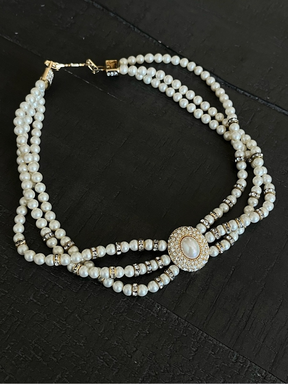Authentic Vintage Dior Pearl Rhinestone Triple-Stranded Beaded Choker Necklace